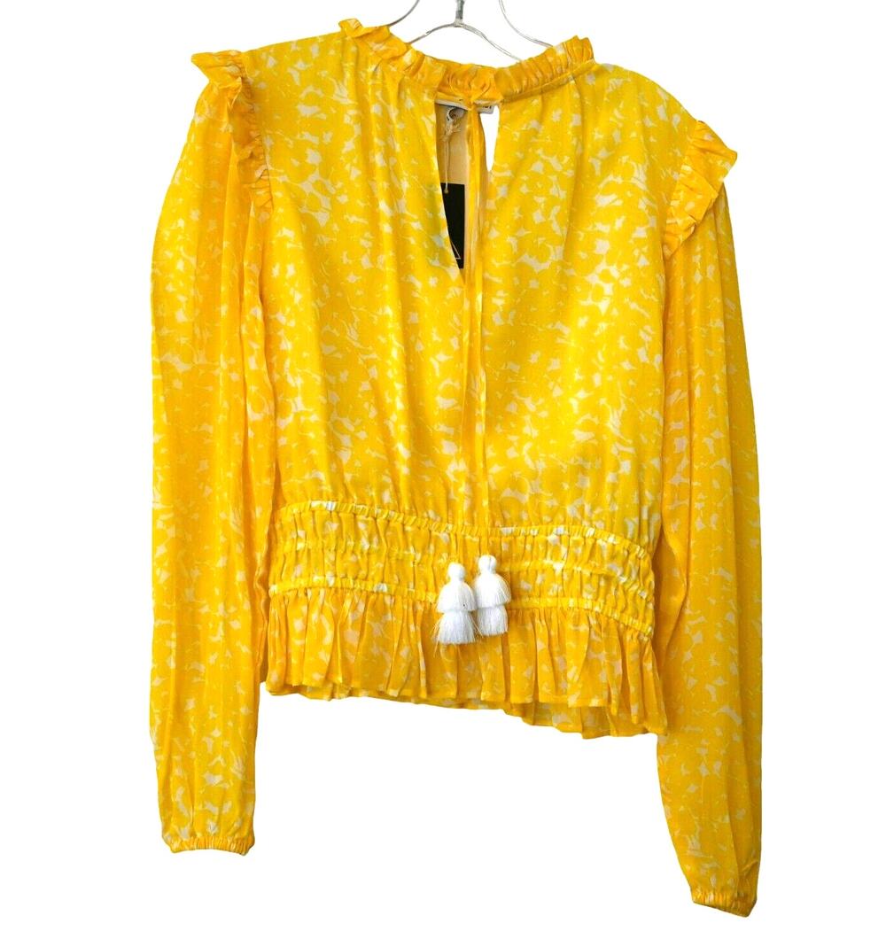 Karina Grimaldi Yellow White Print Ruffled Long Sleeve Blouse Size S
